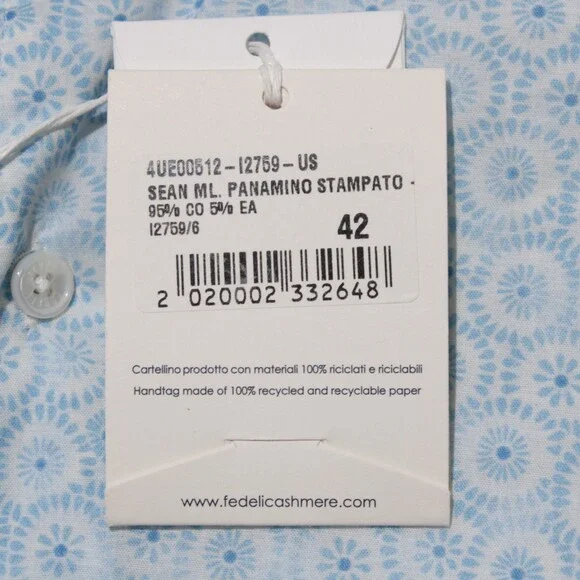 Fedeli NWT Dress Shirt Size 42 16.5 in Blue & White Cotton Blend